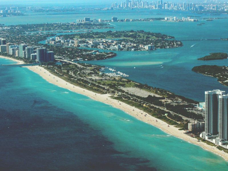 Aerial view of Fisher Island and the turquoise water off Miami Beach