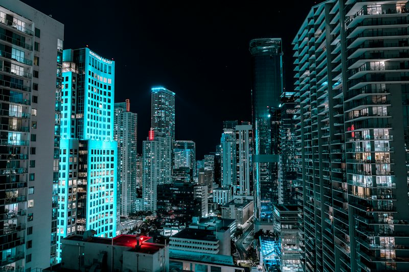 Neon-lit Brickell towers at night