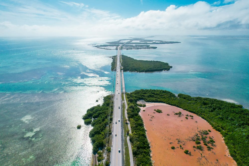 Aerial view of the Overseas Highway crossing a Florida Keys island