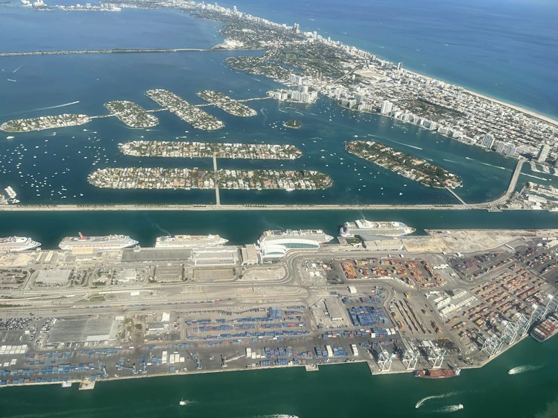 Aerial view of PortMiami, cruise ships and the islands of Biscayne Bay