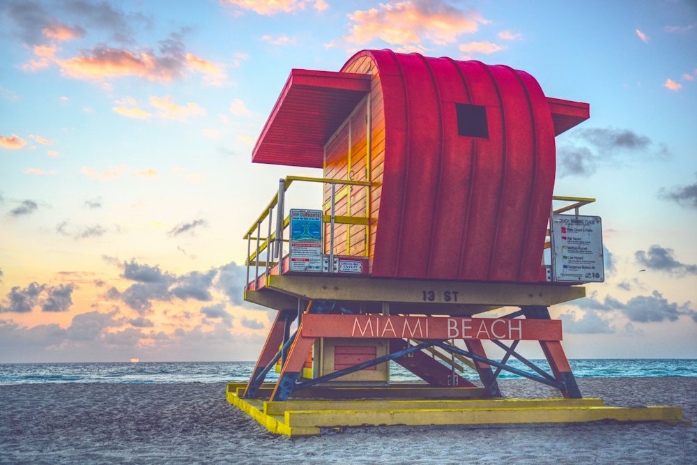 Red lifeguard tower on Lummus Park Beach, Miami Beach